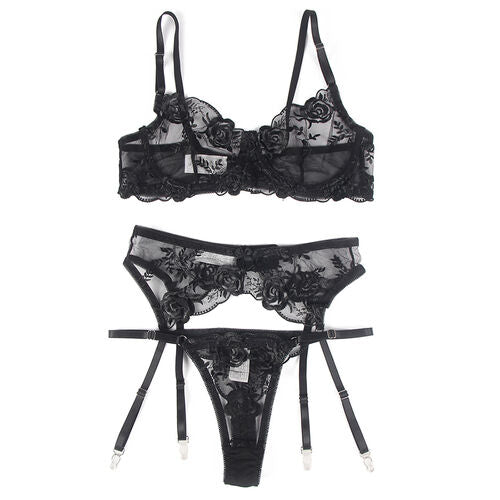SUBBLIME - Ensemble Lingerie 3 Pièces Imprimé Floral - Soutien-Gorge + String + Jarretière