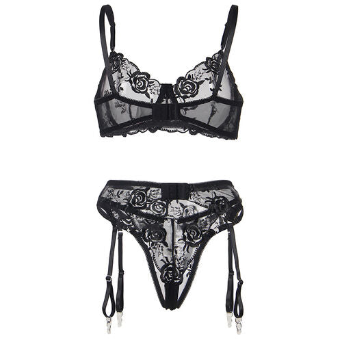 SUBBLIME - Ensemble Lingerie 3 Pièces Imprimé Floral - Soutien-Gorge + String + Jarretière