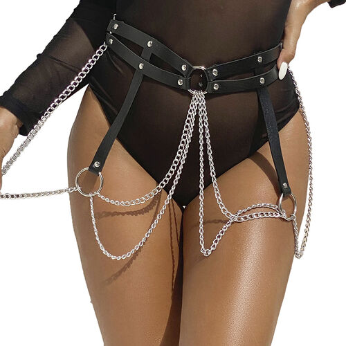 Ceinture harnais chaîne en cuir noir avec anneaux dorés - Vue de face